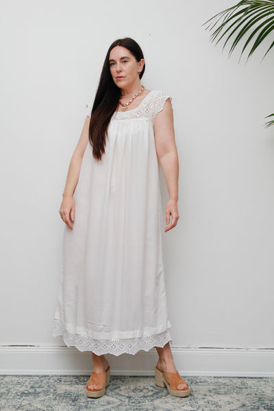 1970'sWhite Ethereal Crochet Cotton Smock Long Dress