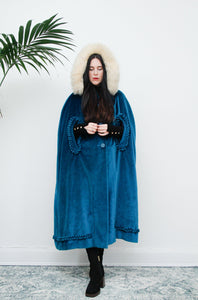 1950's Rare Velvet Blue Sheepskin Hooded Opera Gothic Dramatic Velvet Cape