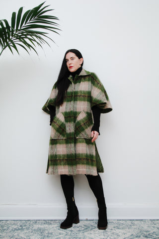 70's Scottish Strathy Mohair Wool Green Tartan Cape Coat