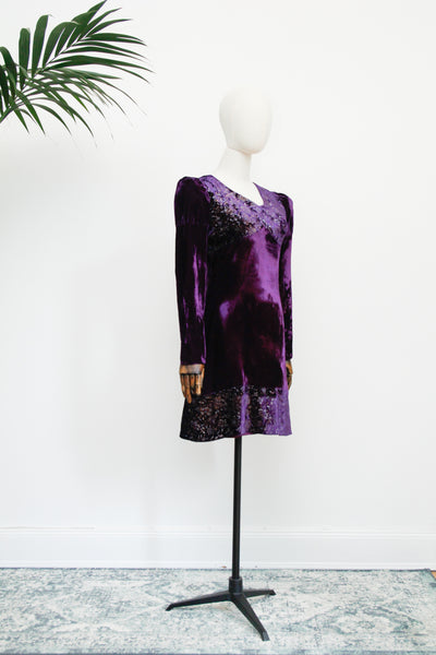 1970's Rare Purple Floral Velvet Mini Dress