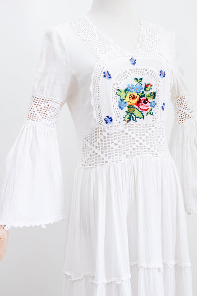 Vintage Cream Cotton Floral Cheesecloth Maxi Kaftan Dress