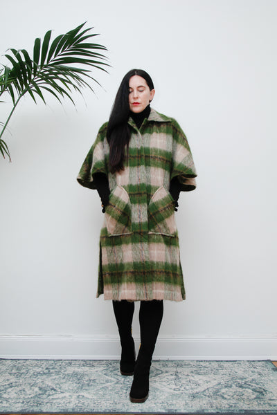 70's Scottish Strathy Mohair Wool Green Tartan Cape Coat