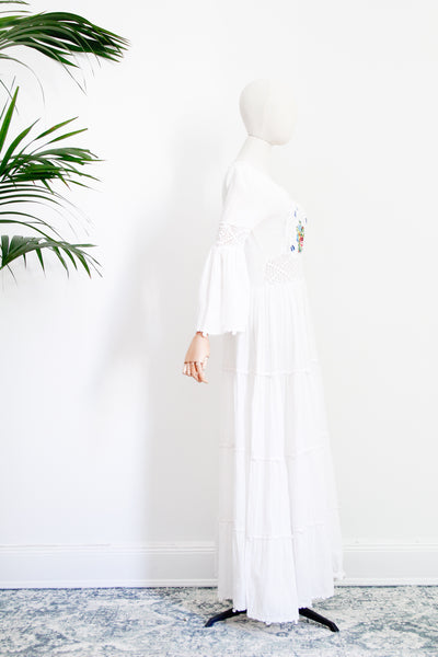 Vintage Cream Cotton Floral Cheesecloth Maxi Kaftan Dress