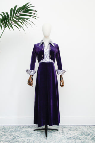 1970's Rare Purple Velvet Silver Floral Gothic Maxi Dress