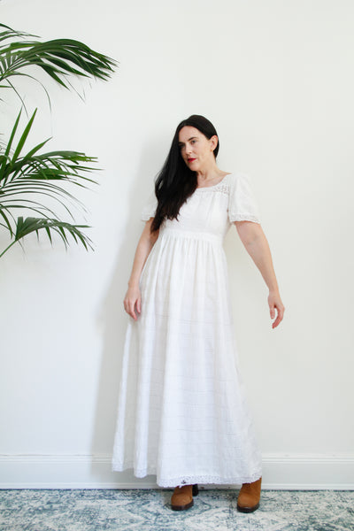 1970's White Cotton Lace Mexican Kaftan Maxi  Dress