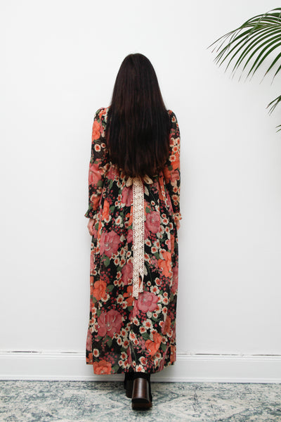 Vintage Floral Cotton Sheer Frilled Maxi Dress