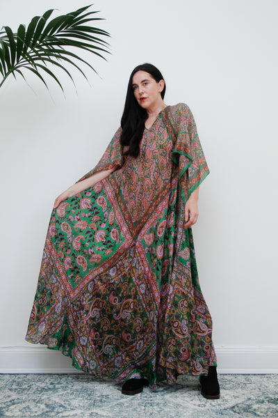 1970's Indian Silk Handkerchief Gauze Kaftan Maxi Dress