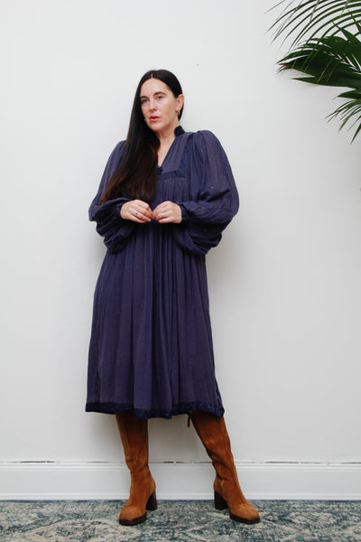 1970's Indian Indigo Cotton Gauze Smock Dress