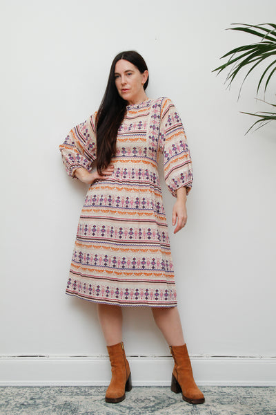 Vintage Lucie Linden Folklore Whimsical Scenic Cotton Dress