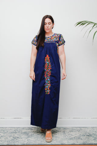 1970's Traditional Cotton Floral Embroidered Oaxacan Mexican Maxi Dress