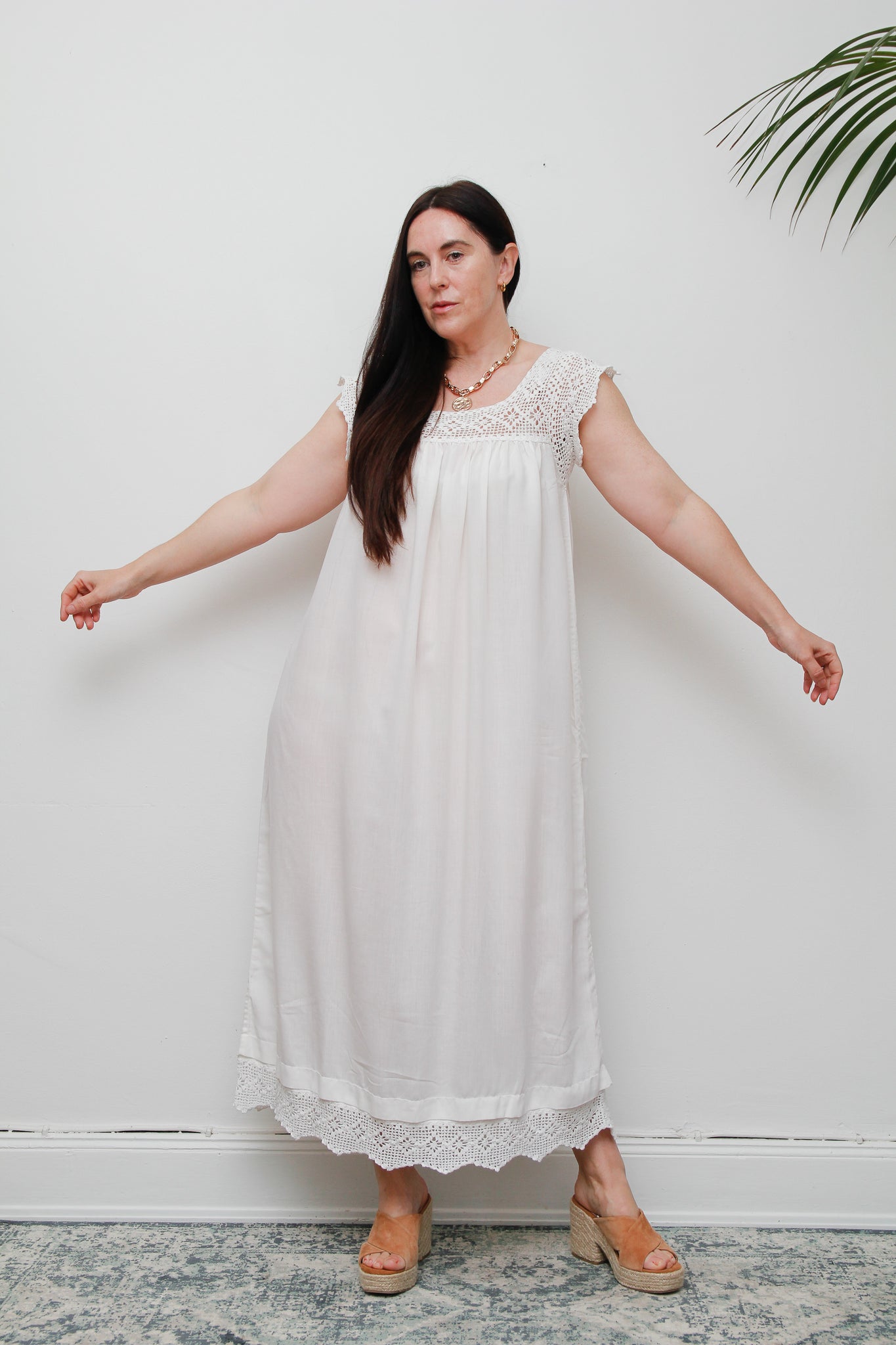 1970'sWhite Ethereal Crochet Cotton Smock Long Dress