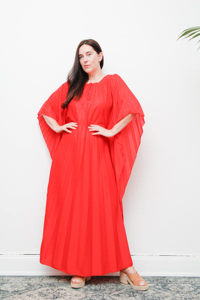 Rare Vintage Pleated Kaftan Dress | Bold Red Accordion Pleats – Boho Goddess Day to Night Maxi Dress