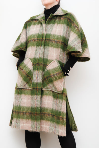 70's Scottish Strathy Mohair Wool Green Tartan Cape Coat