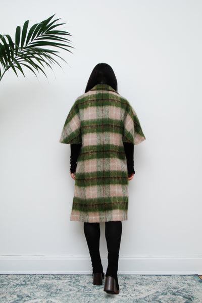 70's Scottish Strathy Mohair Wool Green Tartan Cape Coat