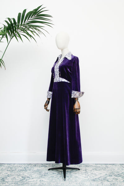 1970's Rare Purple Velvet Silver Floral Gothic Maxi Dress
