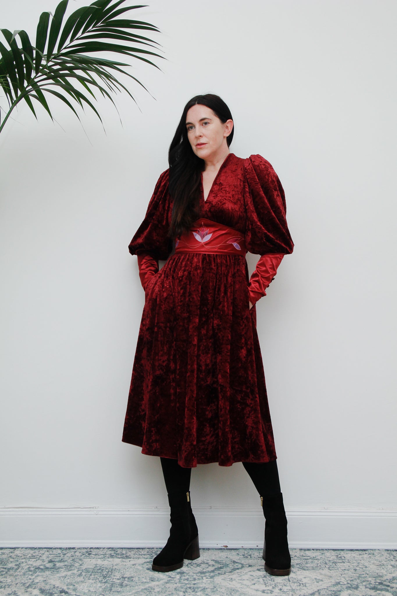 Vintage Burgundy Crushed Velvet Floral Dress Rare