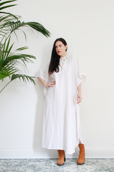 1970's White Cheesecloth Cotton Lace Mexican Kaftan Dress