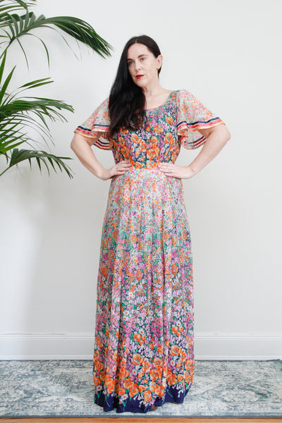 1970's Cotton Flared Cape Sleeve Floral Maxi Dress