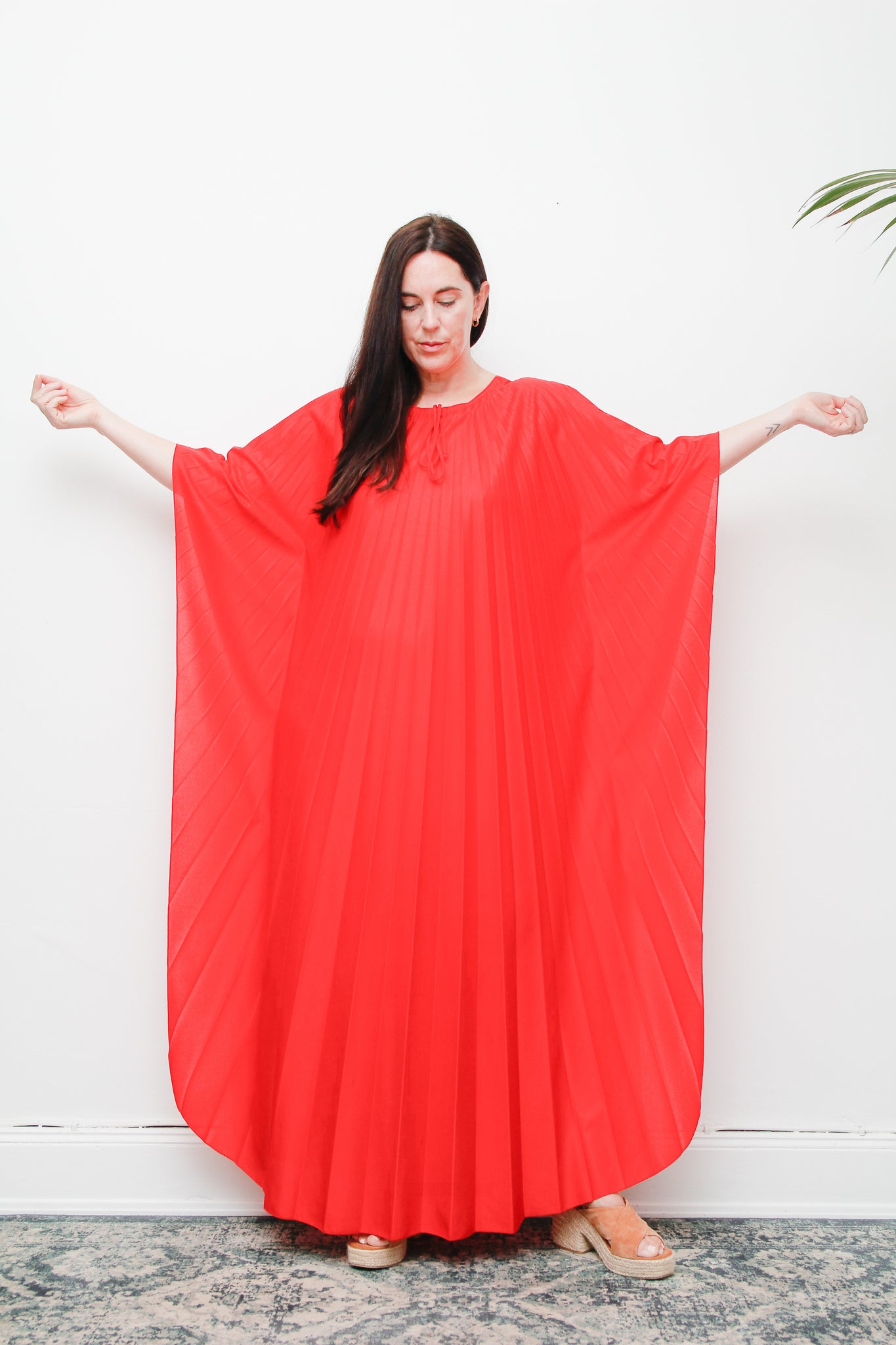 Rare Vintage Pleated Kaftan Dress | Bold Red Accordion Pleats – Boho Goddess Day to Night Maxi Dress