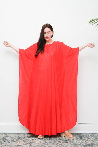 Rare Vintage Pleated Kaftan Dress | Bold Red Accordion Pleats – Boho Goddess Day to Night Maxi Dress