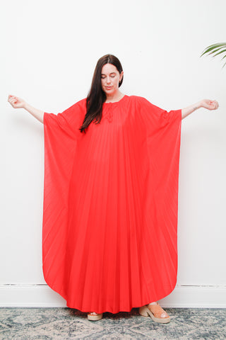 Rare Vintage Pleated Kaftan Dress | Bold Red Accordion Pleats – Boho Goddess Day to Night Maxi Dress
