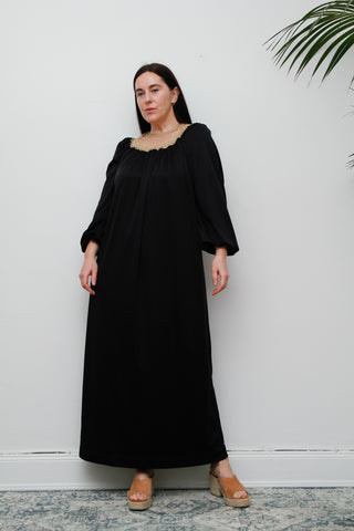 Vintage Black Slinky Maxi Dress – Boho 1970s Style with Gold Lurex Knit Collar & Balloon Sleeves
