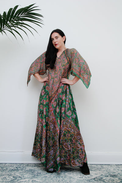 1970's Indian Silk Handkerchief Gauze Kaftan Maxi Dress