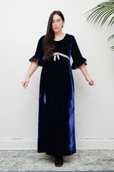 Vintage Blue Velvet Lurex Silver Bow Maxi