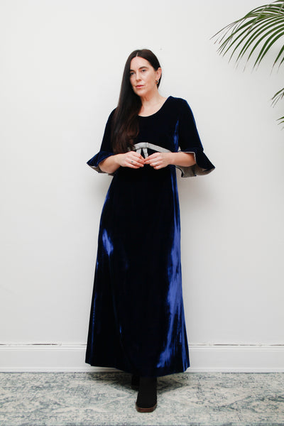 Vintage Blue Velvet Lurex Silver Bow Maxi