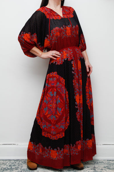 Vintage 1970's Decorative Floral Billowing Maxi Dress