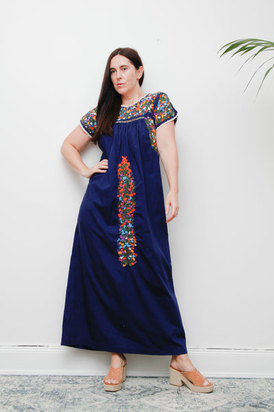1970's Traditional Cotton Floral Embroidered Oaxacan Mexican Maxi Dress