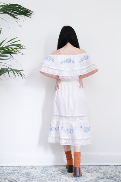 1970's Mexican Folklore Floral Lace Carmen Off The Shoulder Dress