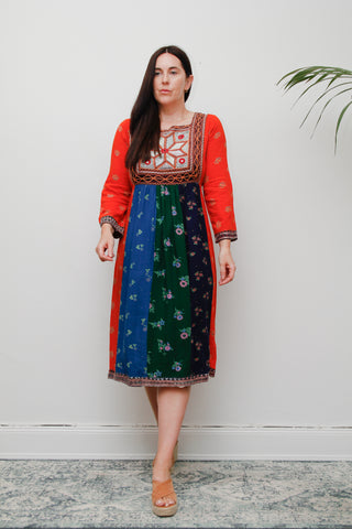 Vintage 1970s Afghan Dress – Patchwork Floral Rayon, Embroidered Bodice, Boho Festival Statement