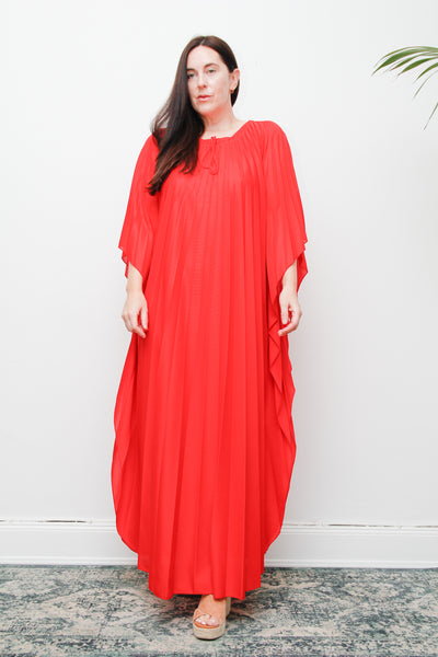 Rare Vintage Pleated Kaftan Dress | Bold Red Accordion Pleats – Boho Goddess Day to Night Maxi Dress
