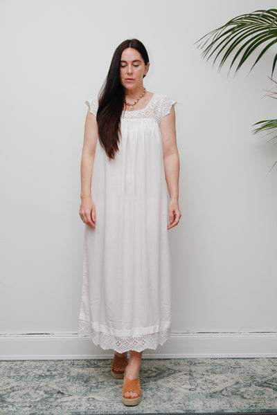 1970'sWhite Ethereal Crochet Cotton Smock Long Dress
