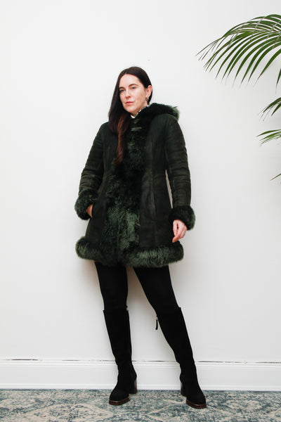 1970's Green Suede Penny Lane Hooded Sheepskin Coat