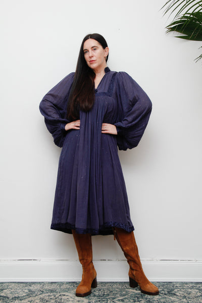 1970's Indian Indigo Cotton Gauze Smock Dress