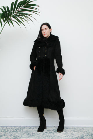 Vintage Black Suede Sheepskin Fur Princess Coat