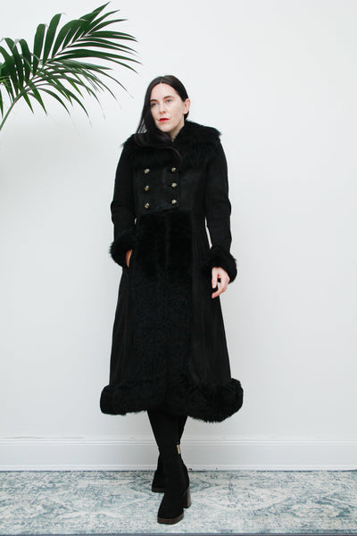 Vintage Black Suede Sheepskin Fur Princess Coat
