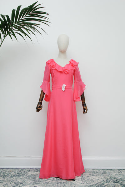 1970's Hot Pink Evening Hostess Waterfall Sleeve Maxi Dress