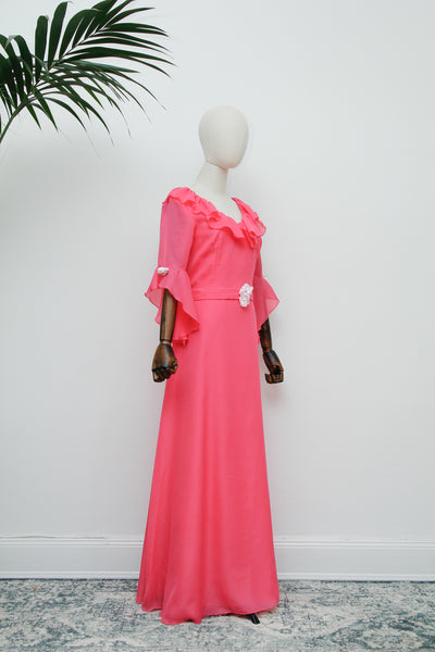 1970's Hot Pink Evening Hostess Waterfall Sleeve Maxi Dress