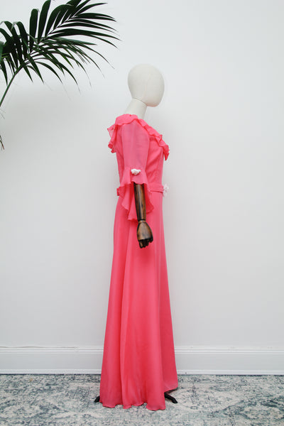1970's Hot Pink Evening Hostess Waterfall Sleeve Maxi Dress