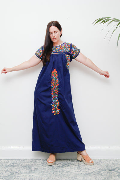 1970's Traditional Cotton Floral Embroidered Oaxacan Mexican Maxi Dress