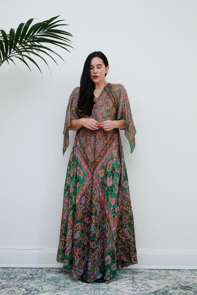 1970's Indian Silk Handkerchief Gauze Kaftan Maxi Dress