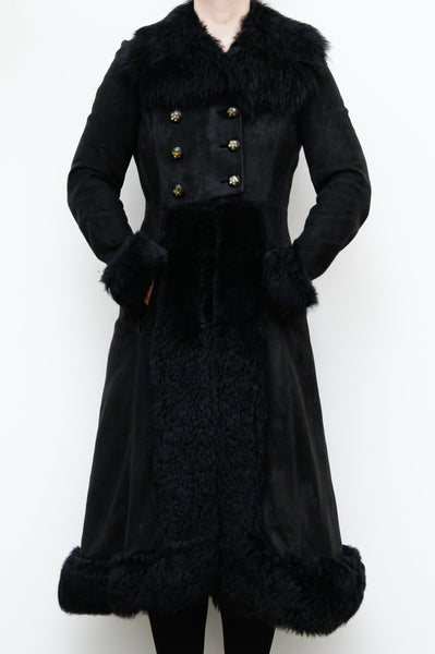 Vintage Black Suede Sheepskin Fur Princess Coat