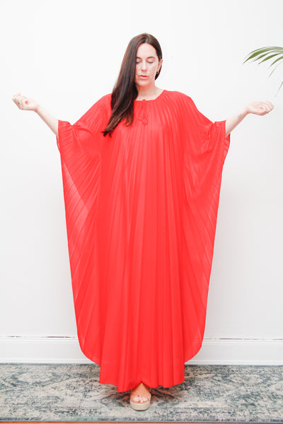 Rare Vintage Pleated Kaftan Dress | Bold Red Accordion Pleats – Boho Goddess Day to Night Maxi Dress