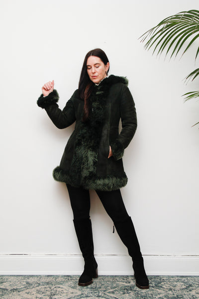 1970's Green Suede Penny Lane Hooded Sheepskin Coat