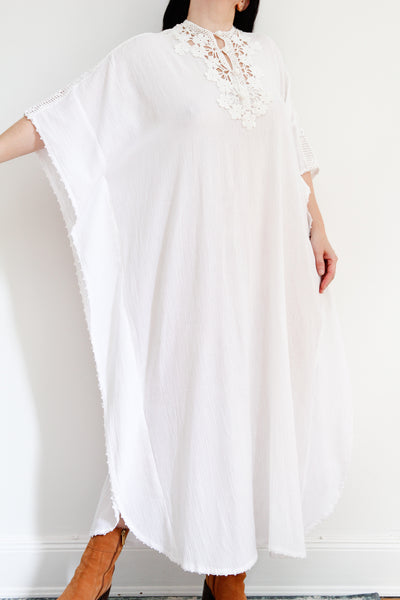 1970's White Cheesecloth Cotton Lace Mexican Kaftan Dress