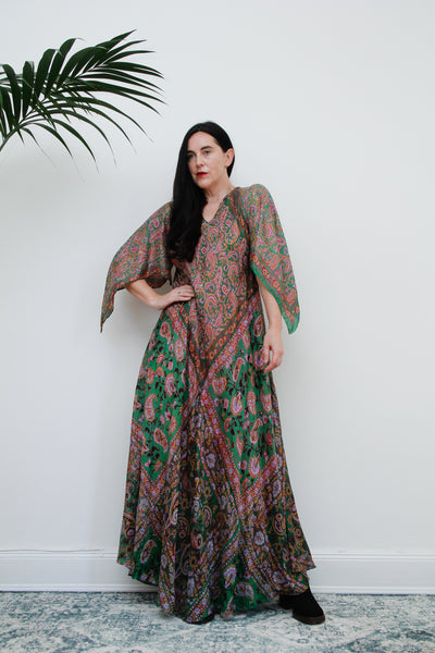 1970's Indian Silk Handkerchief Gauze Kaftan Maxi Dress