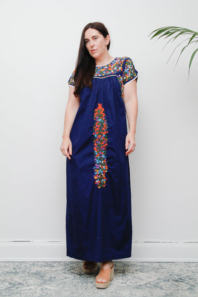 1970's Traditional Cotton Floral Embroidered Oaxacan Mexican Maxi Dress